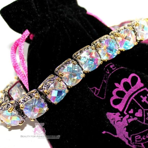 Two Tone AB Pastel Rainbow Aurora Borealis CZ Chunky Tennis Throne Room Bracelet - Picture 2 of 5
